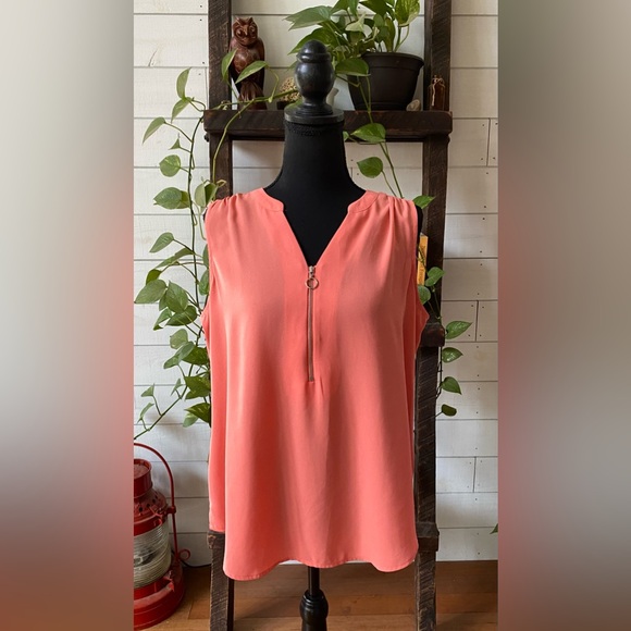 Apt. 9: Peach Pink V Neck Blouse with Zipper Opening - Picture 3 of 17
